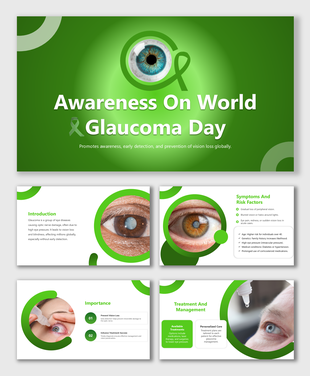 World Glaucoma Day slide with green accents, eye visuals, and placeholders for awareness, prevention, and key details.