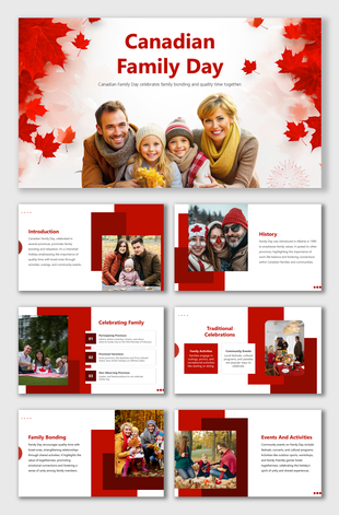Canadian Family Day slide with red accents, family photos, maple leaves, and placeholders for content and celebrations.