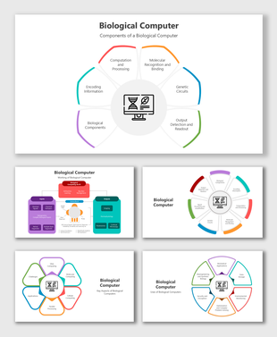 Biological computer slide with circular diagrams, colorful sections, icons, and placeholders for components and applications.