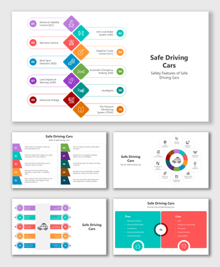 Safe driving cars slide with colorful icons, segmented layouts, and placeholders for safety features, skills, and comparisons