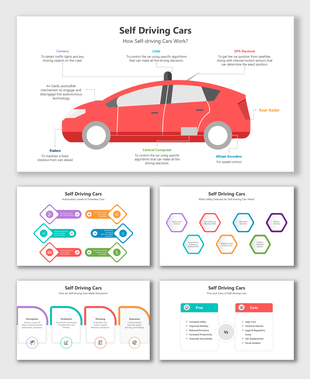 Self-driving cars infographic with labeled diagrams, colorful visuals, and placeholders for features and automation levels.