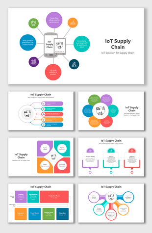 IoT Supply Chain slides with vibrant circular diagrams, flowcharts, and structured placeholders for presentations.