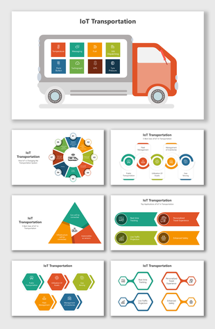 IoT Transportation slides with vibrant diagrams, structured layouts, and clear placeholders for system applications.