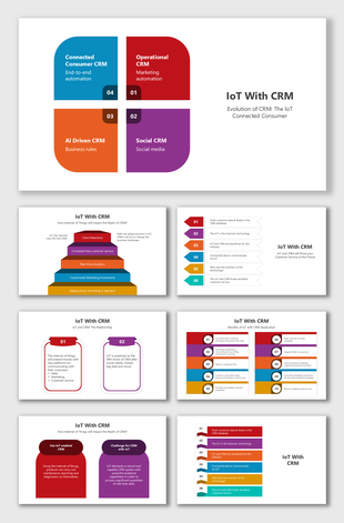 IoT with CRM slides featuring vibrant visuals, structured layouts, and clear placeholders for connected CRM concepts.