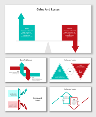 Gains and Losses slides featuring balanced visuals, structured layouts, and clear placeholders for financial concepts.