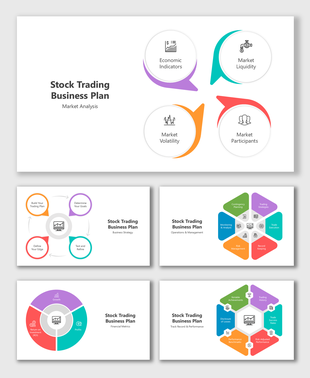 Stock Trading Business Plan slides with vibrant visuals, structured layouts, and clear placeholders for market analysis.