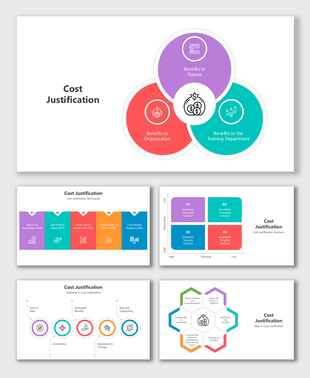 Cost Justification slides featuring vibrant visuals, structured layouts, and clear placeholders for financial concepts.