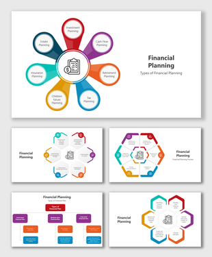 Financial planning slides featuring circular diagrams, process charts, and placeholders for key planning elements.
