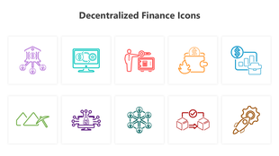 Vibrant line-art icons representing various decentralized finance concepts like wallets, mining, and transactions.