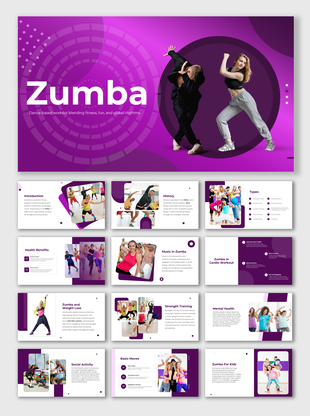 Zumba slides showcasing history, types, health benefits, fitness routines, and vibrant dance visuals for all ages.