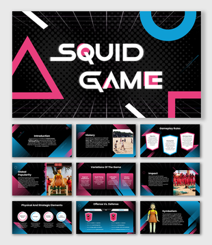 Slides on Squid Game featuring history, gameplay, symbolism, global impact, and bold visuals with vibrant graphic designs.