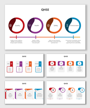 Slides on QHSE showcasing quality, health, safety, and environment with vibrant visuals, icons, and placeholders.