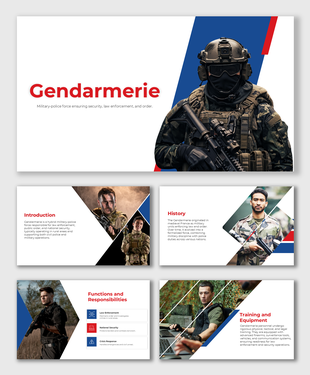 Slides on Gendarmerie covering history, roles, responsibilities, training, and equipment with military visuals.