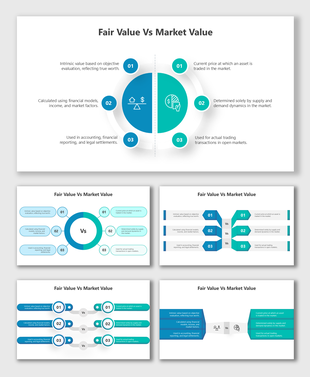 Fair Value vs Market Value slides with circular layouts, icons, color-coded visuals, and editable placeholder text.