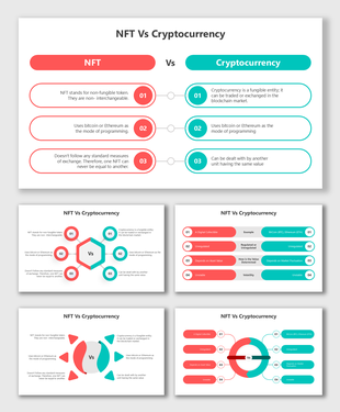 NFT vs Cryptocurrency slides with structured layouts, icons, color-coded visuals, diagrams, and editable placeholders.