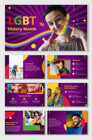 LGBT History Month slides with vibrant designs, rainbow graphics, diverse imagery, milestones, and editable captions.