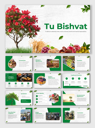 Tu Bishvat slides with tree imagery, green layouts, nature visuals, traditions, symbolism, and editable placeholders.