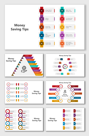 Money Saving Tips slides with vibrant layouts, pyramid designs, colorful graphics, numbered visuals, and placeholders.