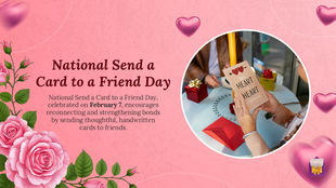 Pink-themed card exchange scene with roses, hearts, and a circular photo showcasing friendship and thoughtful gestures.