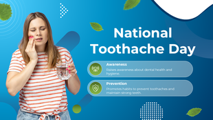 A woman with a toothache holds water, set on a blue background with icons and captions on dental health awareness.