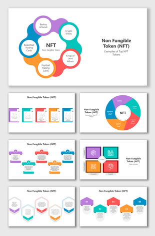 NFT slides with vibrant layouts, circular and hexagonal designs, asset types, examples, and editable placeholders.