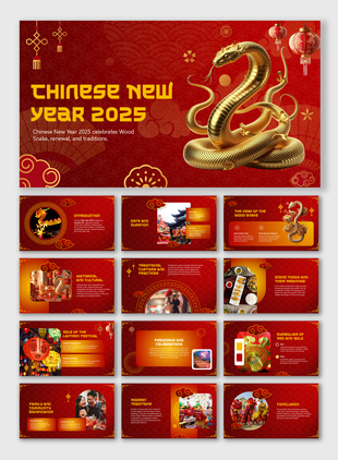 Slides on Chinese New Year 2025 featuring traditions, symbolism, Wood Snake, cultural practices, and festive visuals.