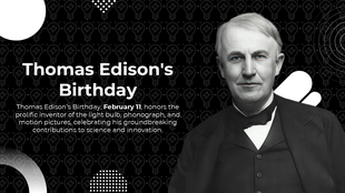 Thomas Edison portrait on a dark lightbulb-themed background with abstract shapes and placeholder captions.