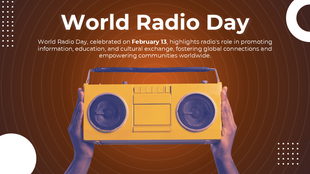 A yellow radio held up against a brown wave-pattern background, symbolizing communication and World Radio Day.