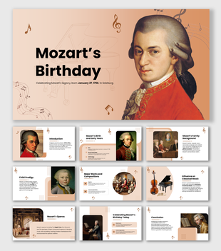 Elegant Mozart-themed slides with portraits, musical icons, classical motifs, and customizable placeholders for content.