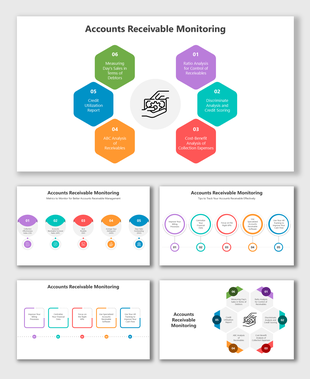 Accounts Receivable Monitoring slides with charts, metrics, tips, workflows, and vibrant placeholders for visuals.