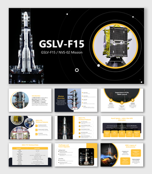 GSLV-F15 slides with rocket visuals, mission highlights, technical data, sleek designs, and customizable placeholders.