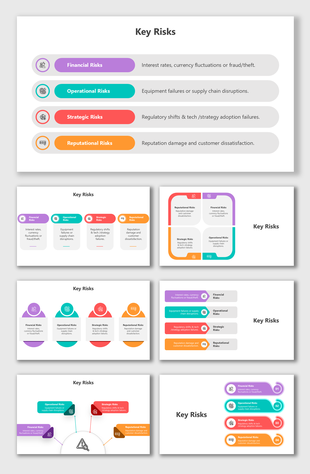 Key Risks slides with financial, operational, strategic, reputational risks, vibrant visuals, and structured diagrams.