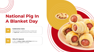 Plate of pigs in a blanket with a vibrant red and yellow design celebrating National Pig in a Blanket Day.
