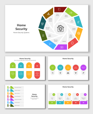 Home security slides with colorful diagrams, sensor icons, and placeholders illustrating security systems and strategies.