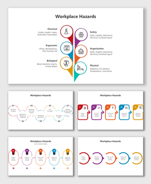 Workplace hazards template with colorful icons, structured layouts, infographics, flowcharts, and editable captions.