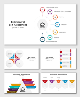 Risk Control Self-Assessment template with hexagonal flow, infographics, stepwise process, colorful elements, and text.