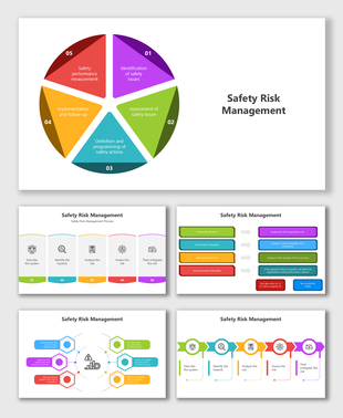 Safety Risk Management template with pie chart, flowcharts, vibrant visuals, infographic elements, and text placeholders.
