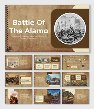Battle of the Alamo slides with vintage visuals, timelines, structured layouts, historical highlights, and placeholders.