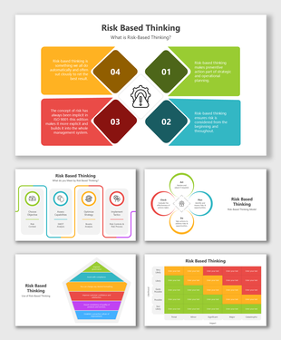 Risk-based thinking slides with colorful diagrams, process flows, and placeholders illustrating strategic risk planning.