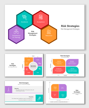 Risk Strategies template with hexagonal infographic, charts, vibrant visuals, risk management frameworks, and text.
