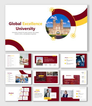 Global Excellence University template with modern design, bold visuals, infographics, academic details, and text placeholders