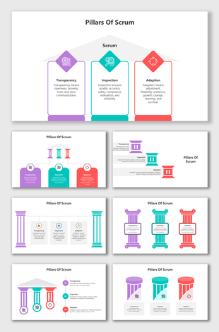 Pillars of Scrum slides with colorful columns, icons, and placeholders illustrating transparency, inspection, and adaptation.