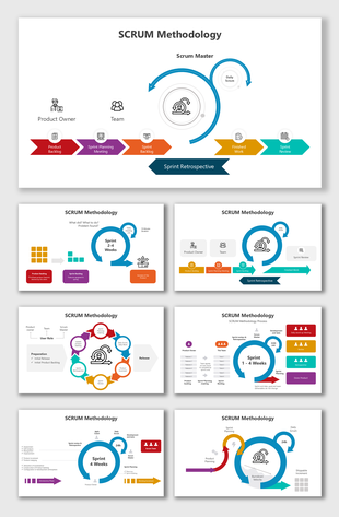 SCRUM methodology slides with colorful sprint cycles, Agile workflows, and placeholders illustrating development processes.
