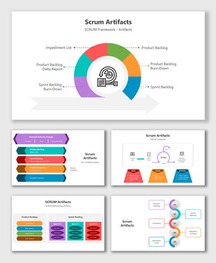 Scrum artifacts slides with colorful diagrams, flowcharts, and placeholders illustrating Agile processes and workflows.