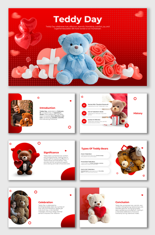 Teddy Day slides with cute teddy bears, red heart-themed designs, and placeholders celebrating love and affection.