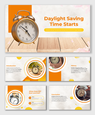 Daylight Saving Time Starts template with clock visuals, warm theme, time changes, historical insights, and text placeholders