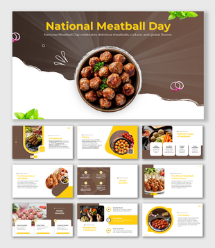 National Meatball Day template with rich brown theme, food visuals, cultural insights, infographic elements, and text.