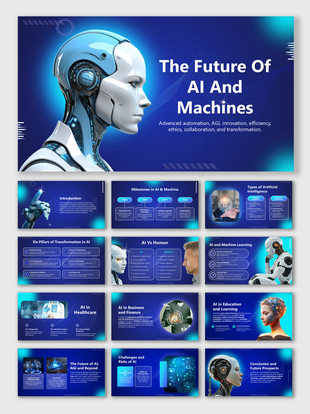 The Future of AI and Machines template with futuristic design, AI insights, industry applications, infographics, and text