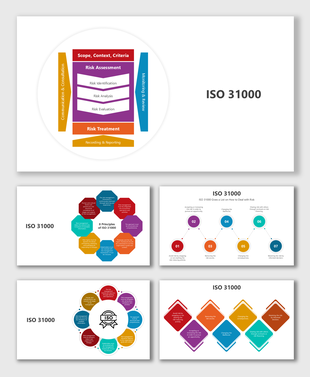 ISO 31000 slides with risk management infographics, process flows, decision trees, and structured frameworks.