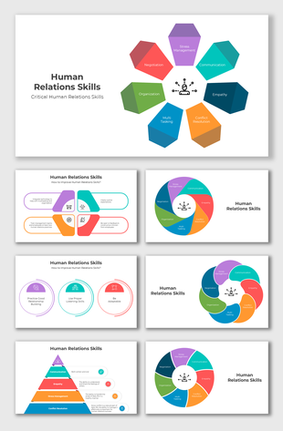 Human Relations Skills slides with infographics, key skills, frameworks, teamwork strategies, and process flows.